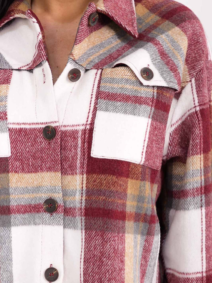 WOMEN'S LONG SLEEVE BUTTON UP FRONT POCKETS PLAID JACKET