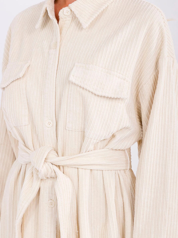 WOMEN'S LONG SLEEVE BUTTON CLOSURE POCKETS SELF TIE CORDUROY MAXI DRESS