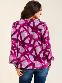ENTRO WOMEN'S LONG SLEEVE V-NECK BUTTON UP MULTI PRINT BLOUSE