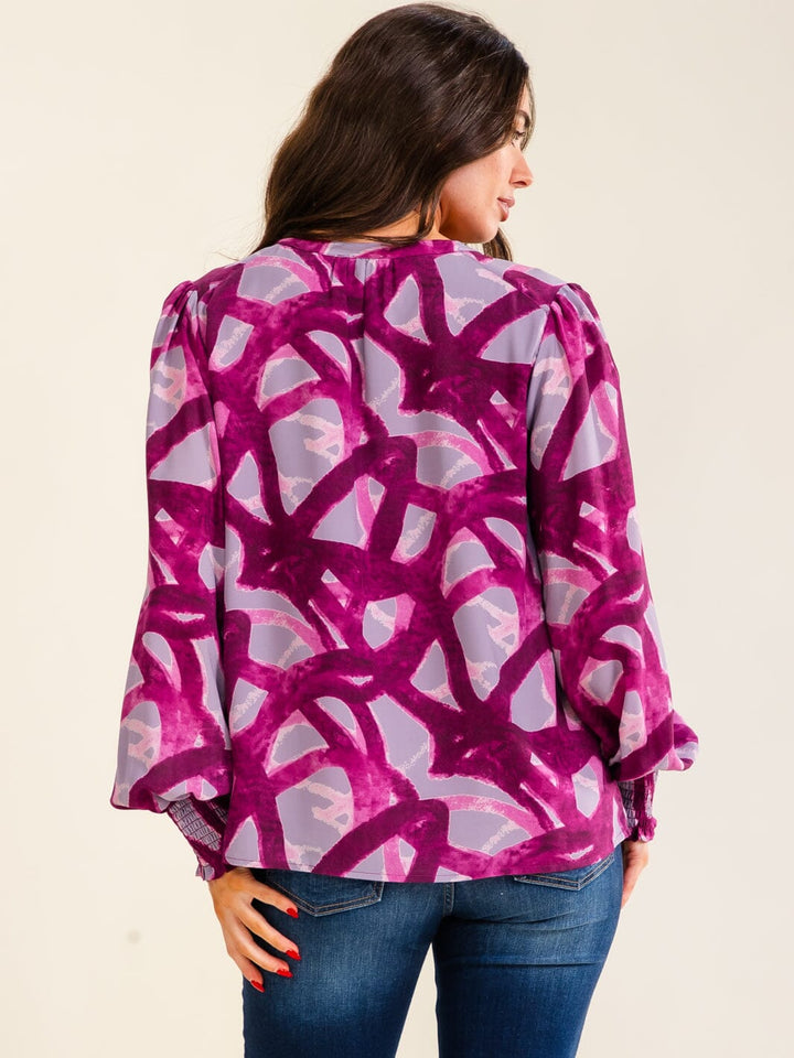 ENTRO WOMEN'S LONG SLEEVE V-NECK BUTTON UP MULTI PRINT BLOUSE