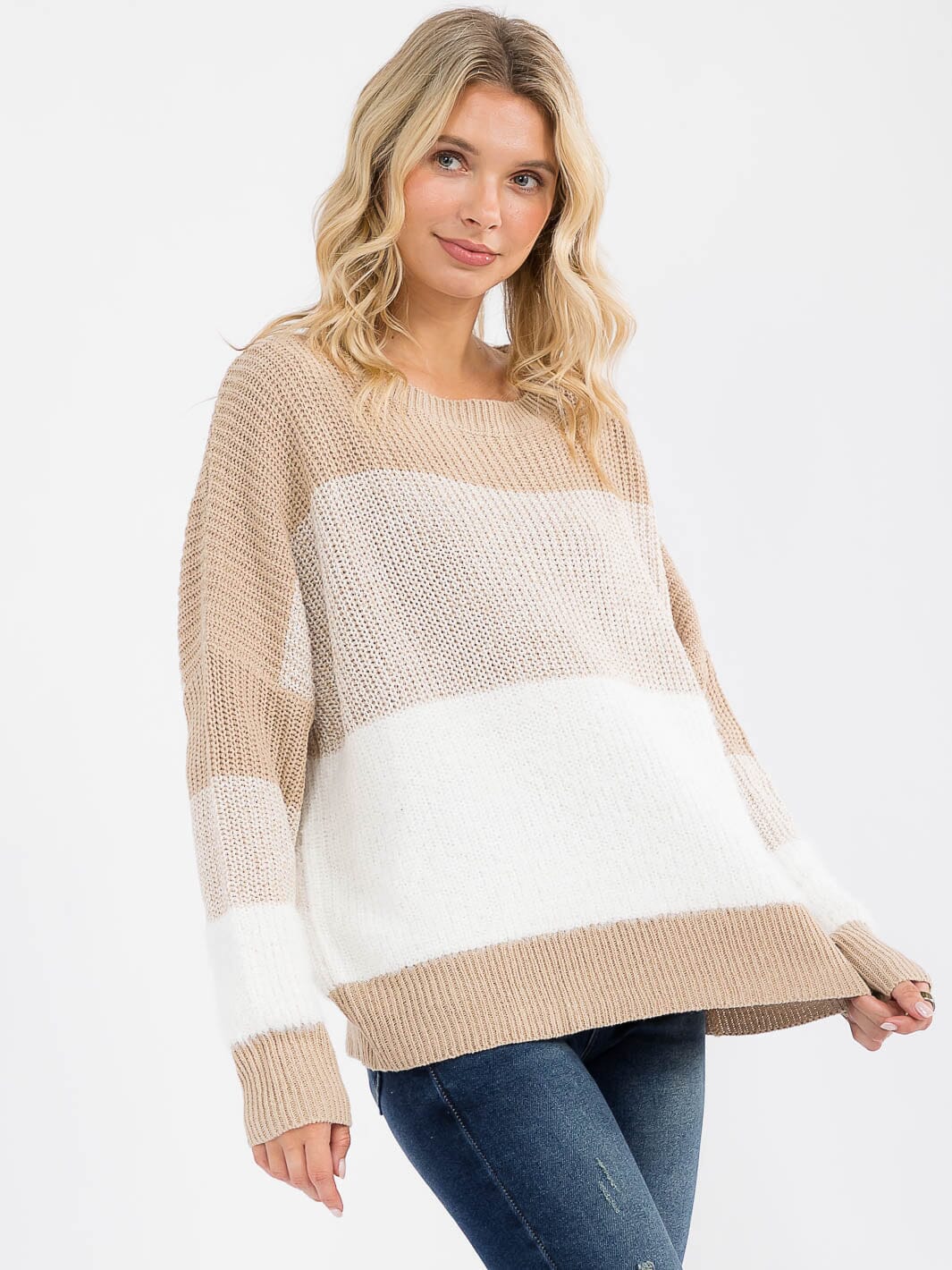 WOMEN'S LONG DETAILED SLEEVE COLORBLOCK KNIT PULLOVER SWEATER