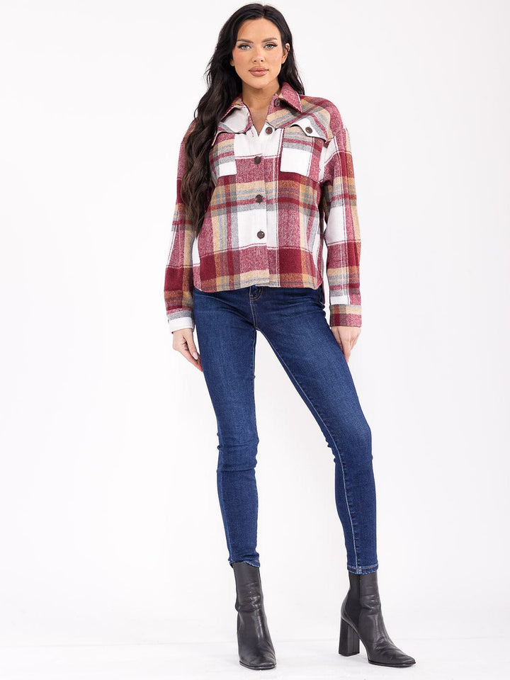 WOMEN'S LONG SLEEVE BUTTON UP FRONT POCKETS PLAID JACKET
