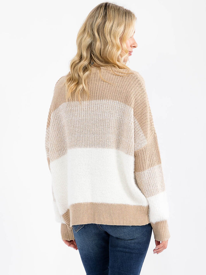 WOMEN'S LONG DETAILED SLEEVE COLORBLOCK KNIT PULLOVER SWEATER