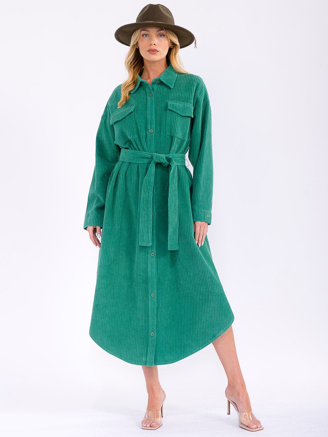 WOMEN'S LONG SLEEVE BUTTON CLOSURE POCKETS SELF TIE CORDUROY MAXI DRESS