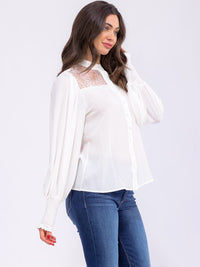 WOMEN'S LONG SLEEVE BUTTON UP LAC DETAILED BLOUSE