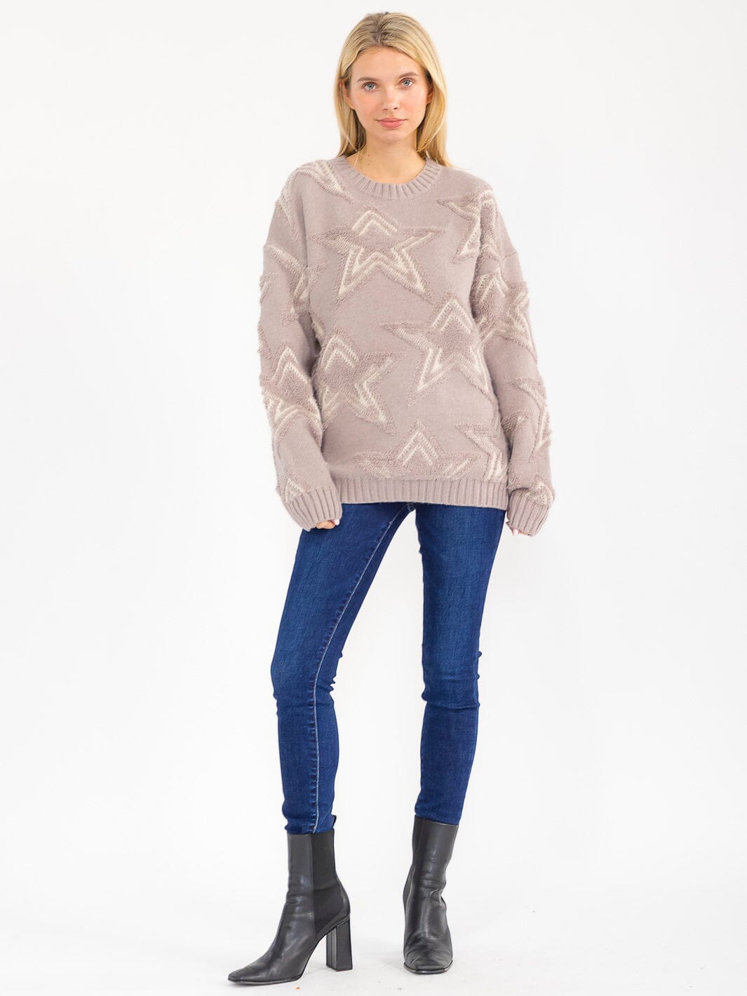 WOMEN'S LONG SLEEVE PULLOVER STARS PRINT KNIT SWEATER