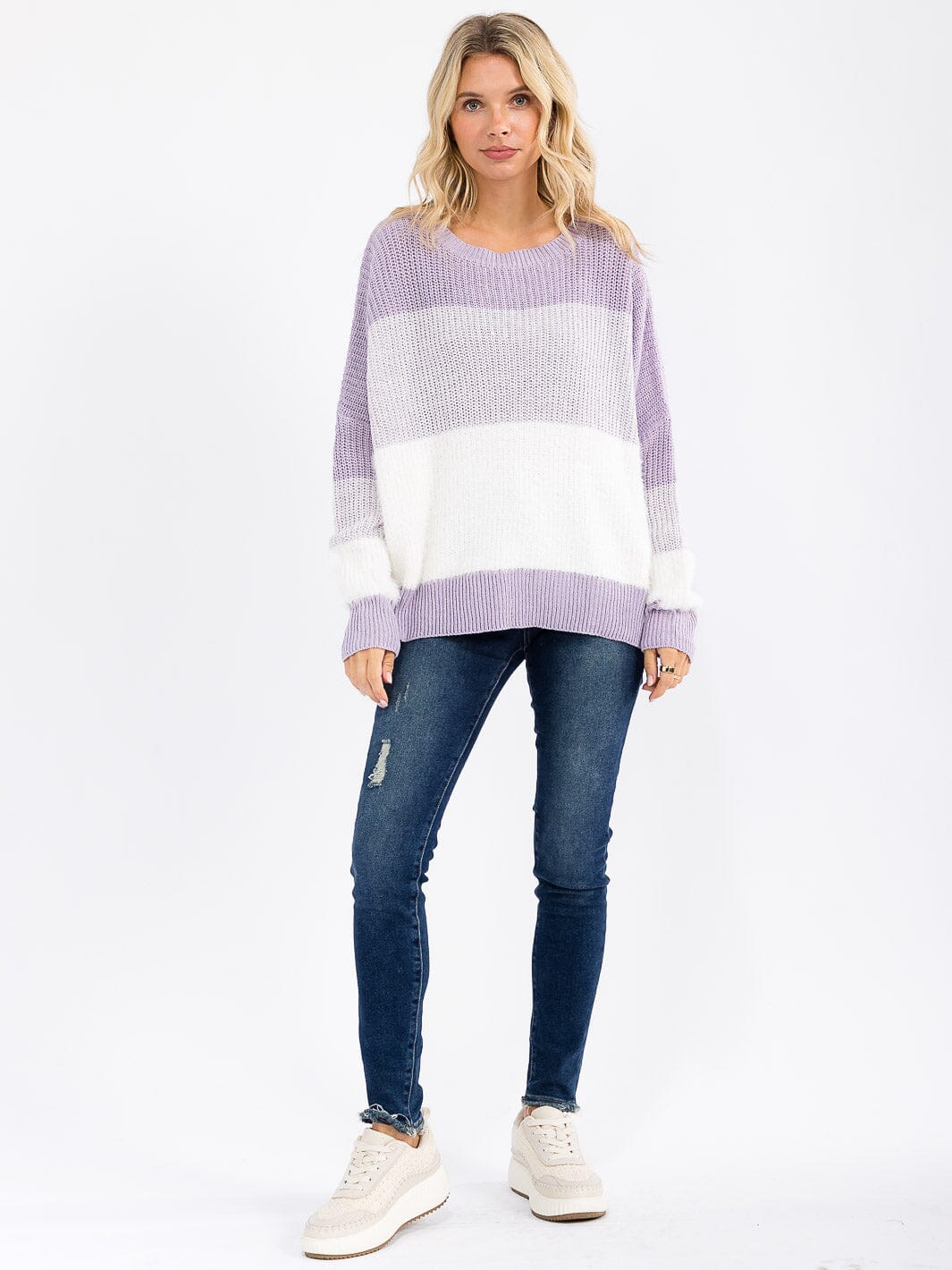 WOMEN'S LONG DETAILED SLEEVE COLORBLOCK KNIT PULLOVER SWEATER
