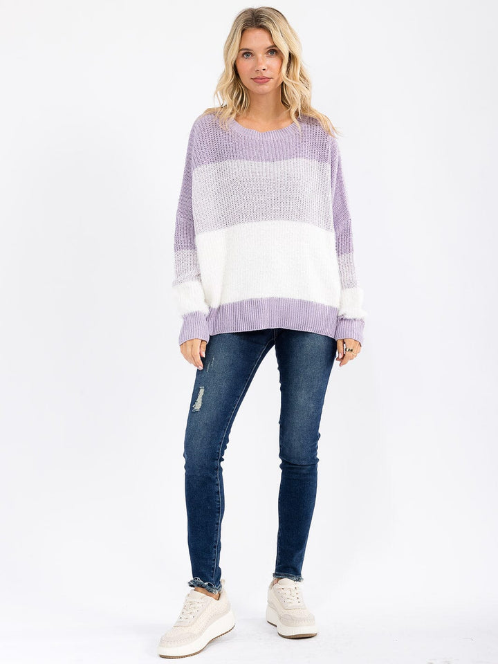 WOMEN'S LONG DETAILED SLEEVE COLORBLOCK KNIT PULLOVER SWEATER