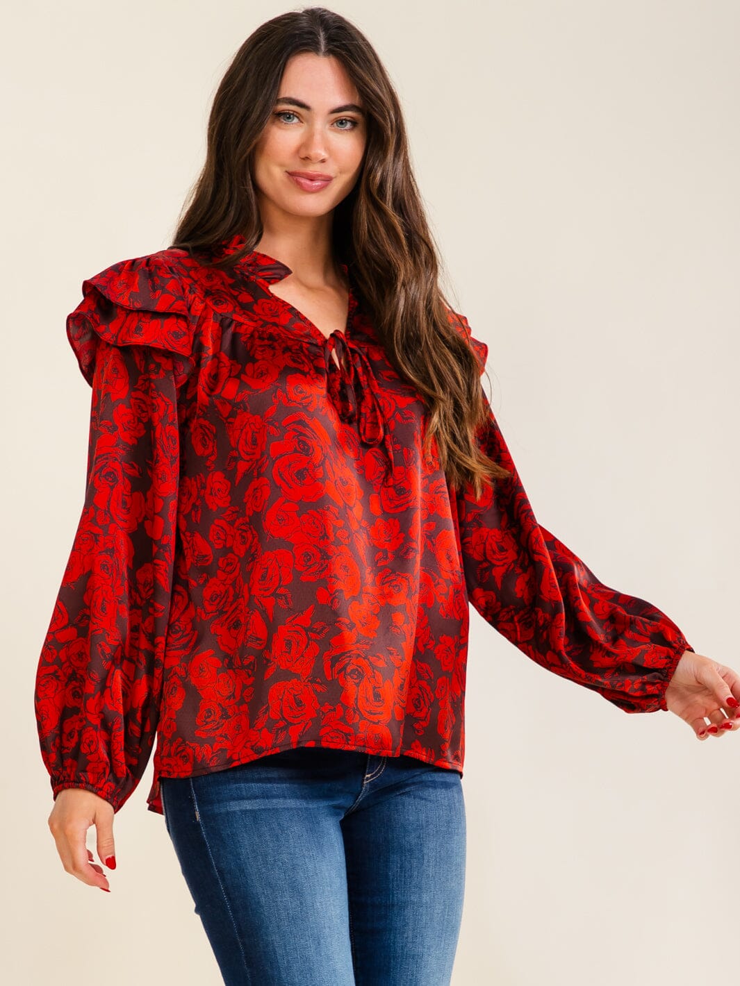 ENTRO WOMEN'S LONG RUFFLE SLEEVE V-NECK FLORAL PRINT BLOUSE