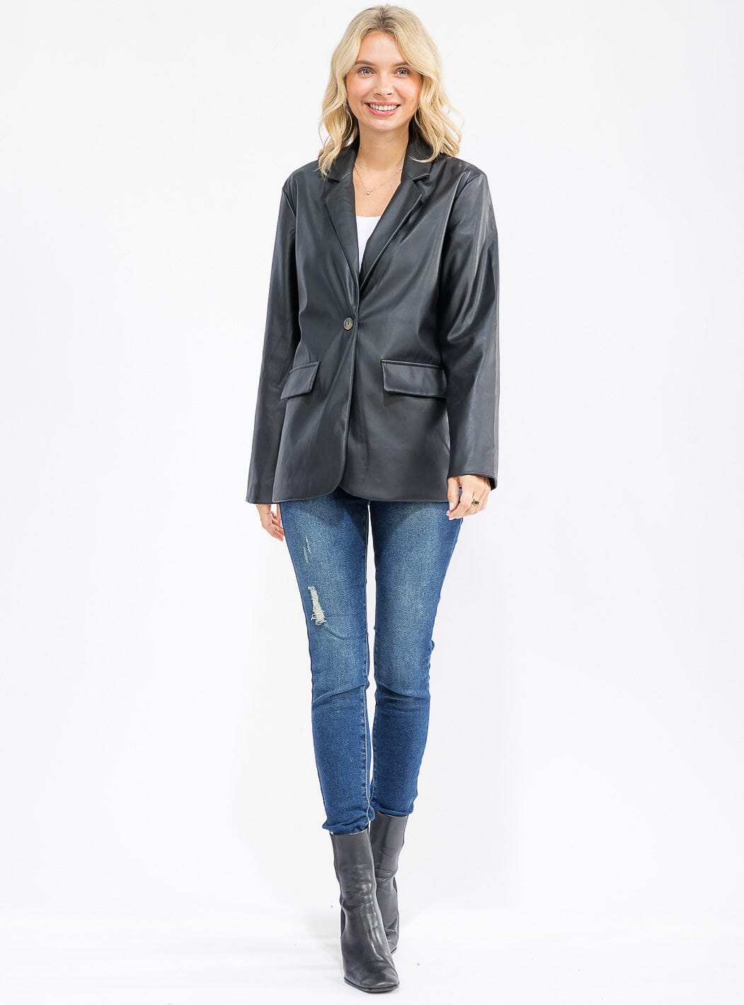 WOMEN'S LONG SLEEVE BUTTON CLOSURE PU PLEATHER BLAZER