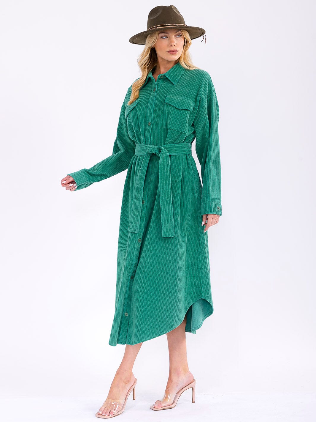WOMEN'S LONG SLEEVE BUTTON CLOSURE POCKETS SELF TIE CORDUROY MAXI DRESS