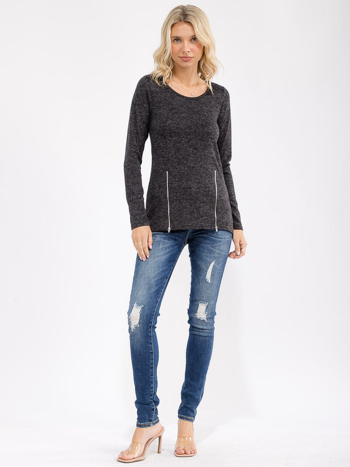 WOMEN'S LONG SLEEVE FRONT ZIPPER DETAILED TOP