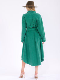 WOMEN'S LONG SLEEVE BUTTON CLOSURE POCKETS SELF TIE CORDUROY MAXI DRESS