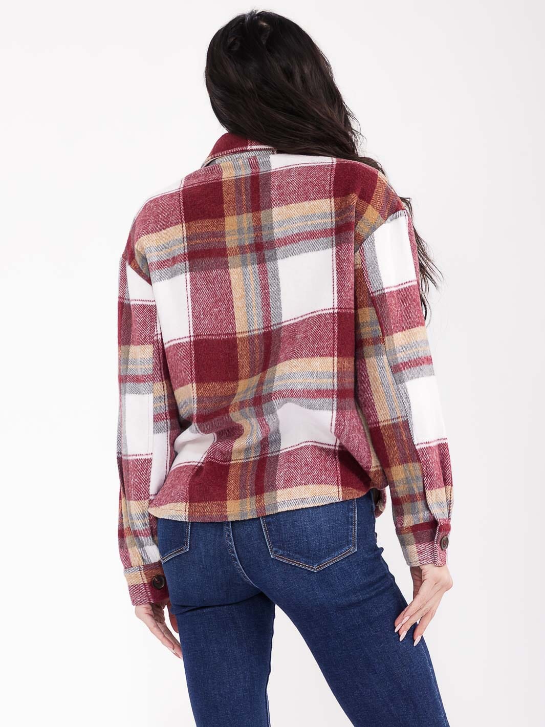 WOMEN'S LONG SLEEVE BUTTON UP FRONT POCKETS PLAID JACKET