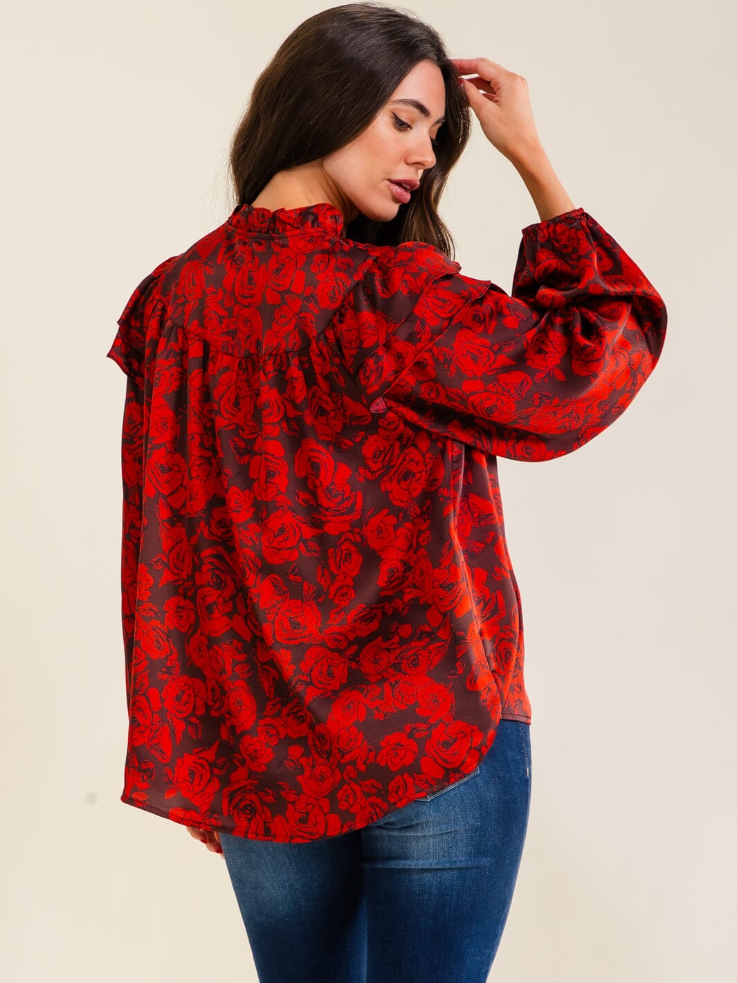 ENTRO WOMEN'S LONG RUFFLE SLEEVE V-NECK FLORAL PRINT BLOUSE