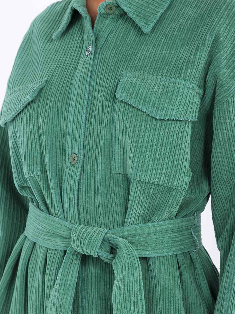 WOMEN'S LONG SLEEVE BUTTON CLOSURE POCKETS SELF TIE CORDUROY MAXI DRESS