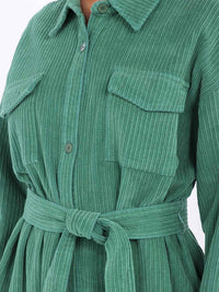 WOMEN'S LONG SLEEVE BUTTON CLOSURE POCKETS SELF TIE CORDUROY MAXI DRESS