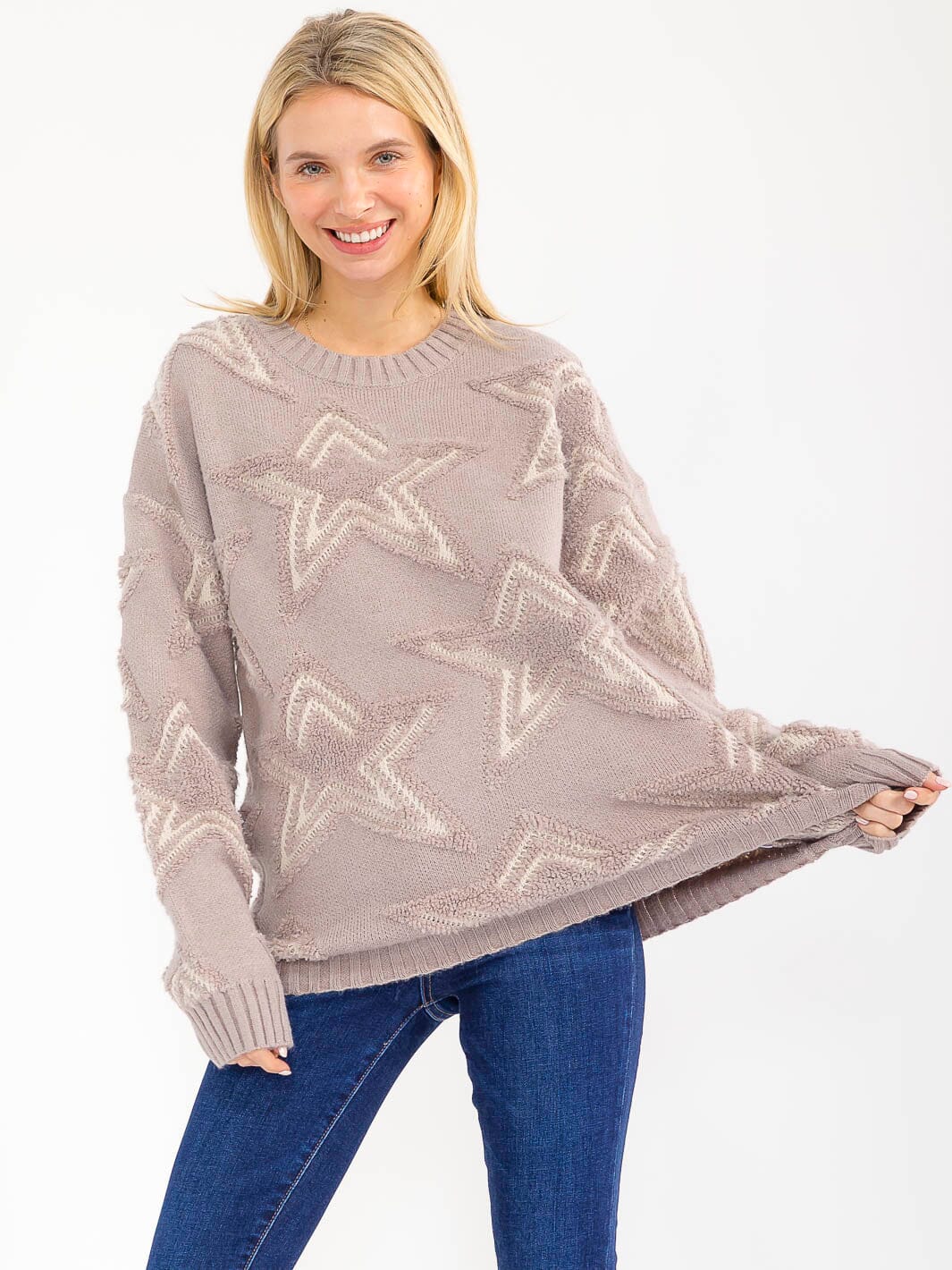 WOMEN'S LONG SLEEVE PULLOVER STARS PRINT KNIT SWEATER