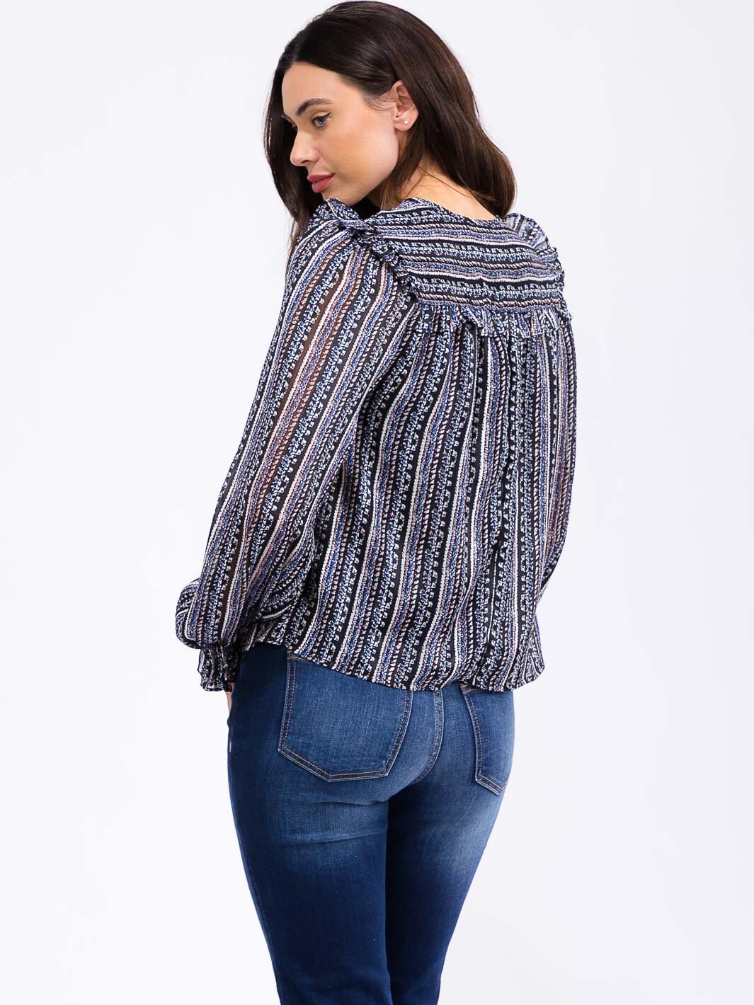 WOMEN'S LONG SLEEVE V-NECK RUFFLE PRINT DETAILED BLOUSE