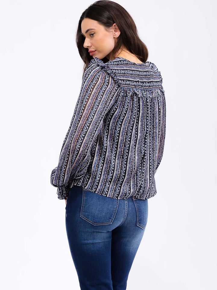 WOMEN'S LONG SLEEVE V-NECK RUFFLE PRINT DETAILED BLOUSE