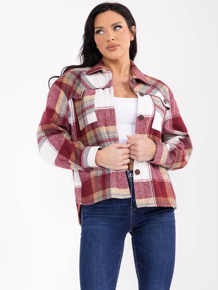 WOMEN'S LONG SLEEVE BUTTON UP FRONT POCKETS PLAID JACKET