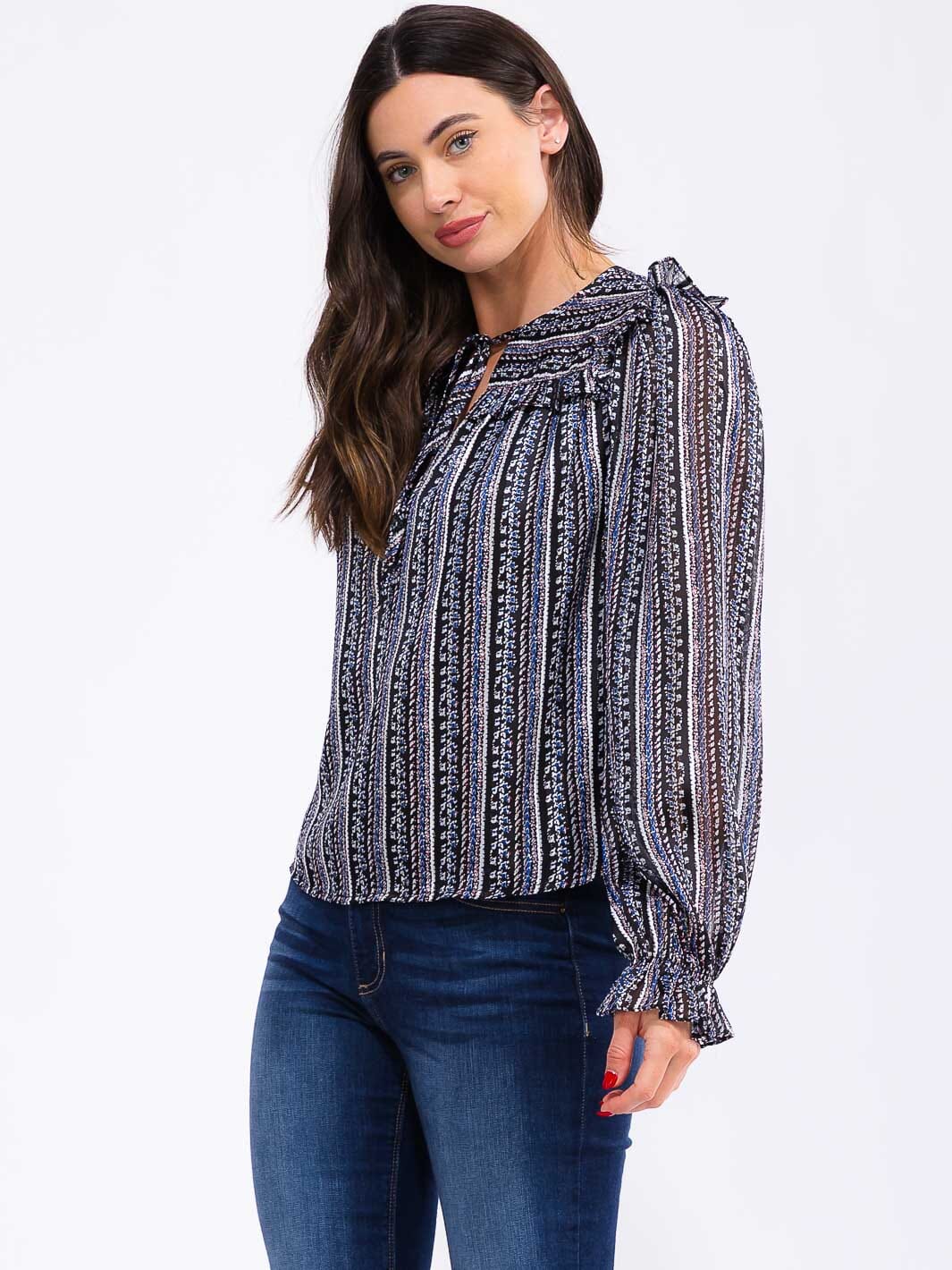 WOMEN'S LONG SLEEVE V-NECK RUFFLE PRINT DETAILED BLOUSE