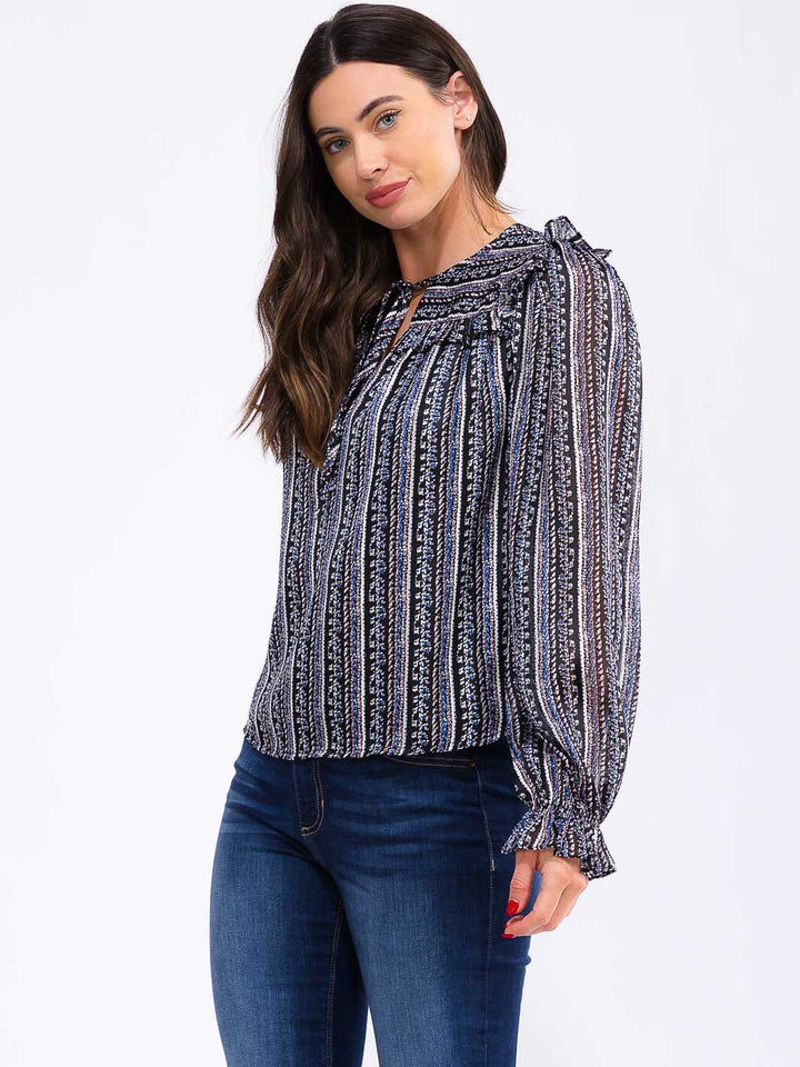 WOMEN'S LONG SLEEVE V-NECK RUFFLE PRINT DETAILED BLOUSE