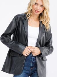 WOMEN'S LONG SLEEVE BUTTON CLOSURE PU PLEATHER BLAZER
