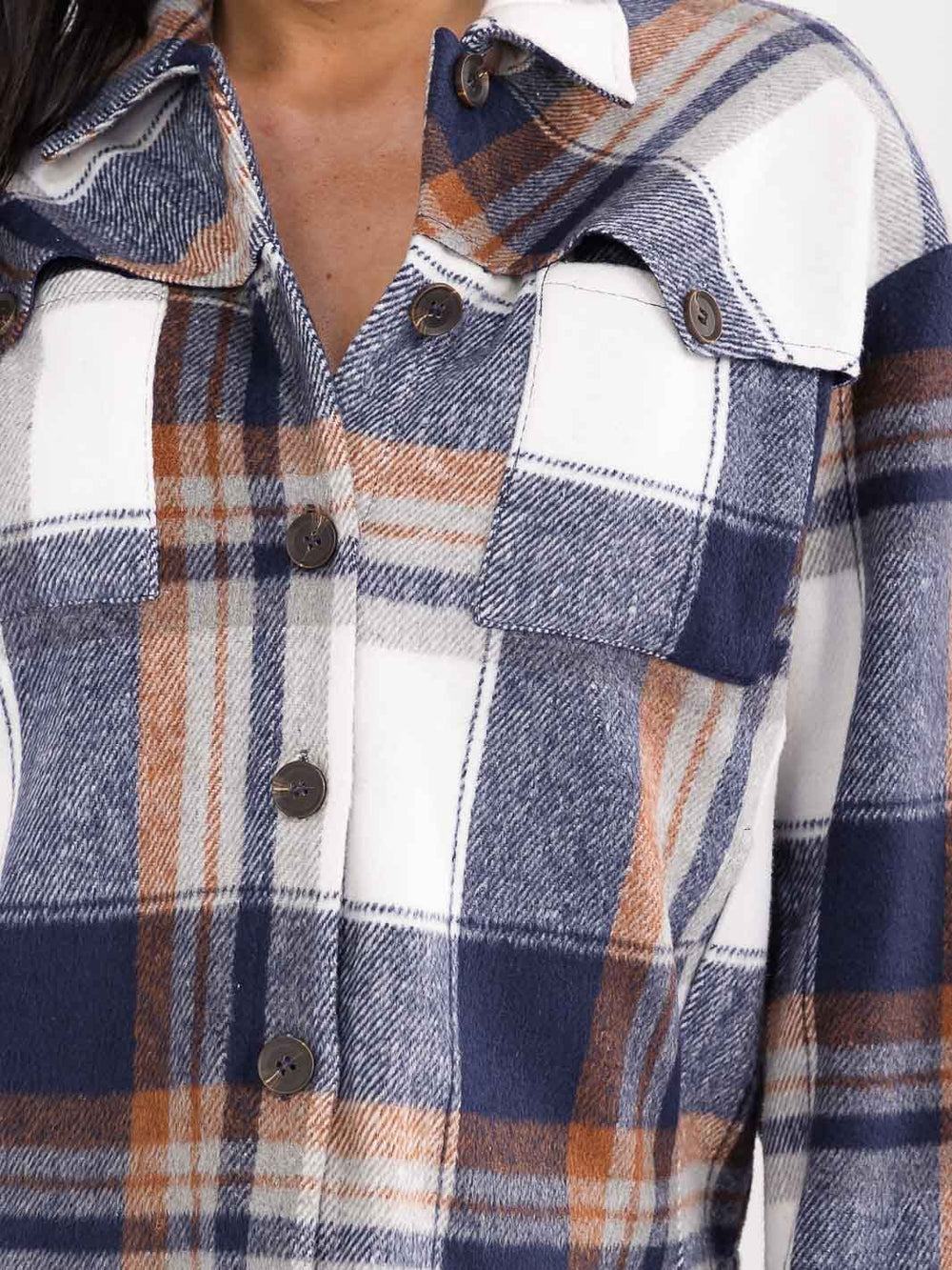 WOMEN'S LONG SLEEVE BUTTON UP FRONT POCKETS PLAID JACKET