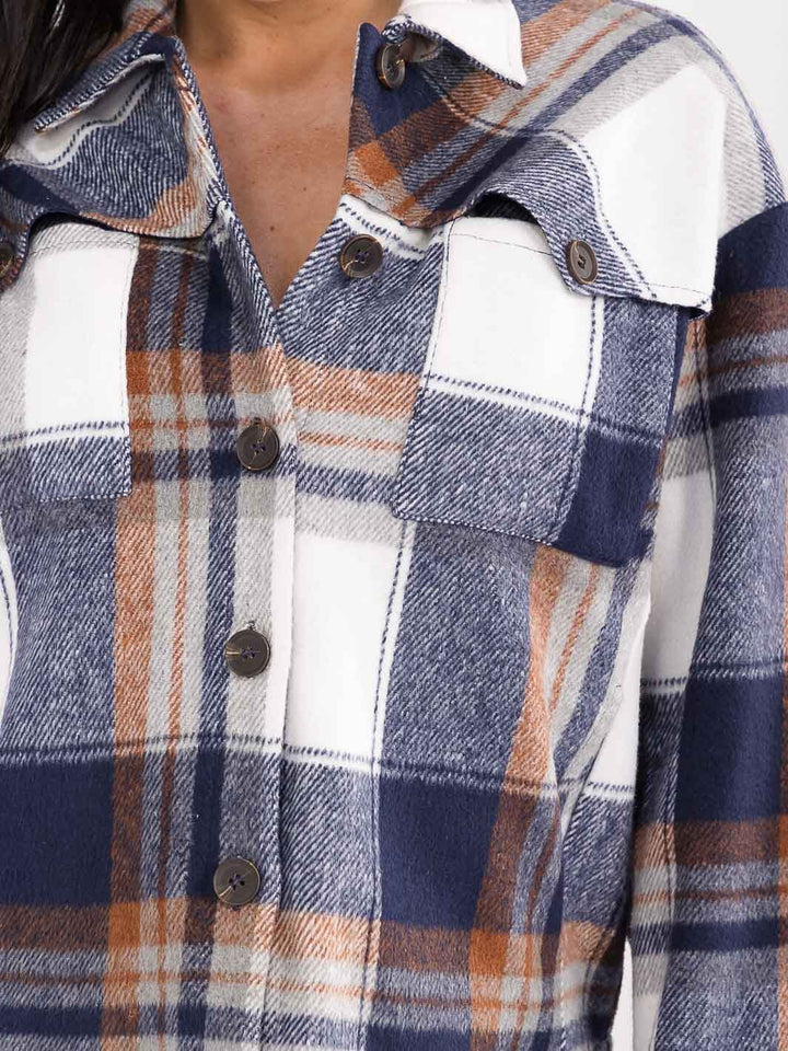 WOMEN'S LONG SLEEVE BUTTON UP FRONT POCKETS PLAID JACKET