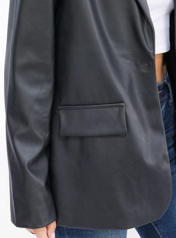 WOMEN'S LONG SLEEVE BUTTON CLOSURE PU PLEATHER BLAZER