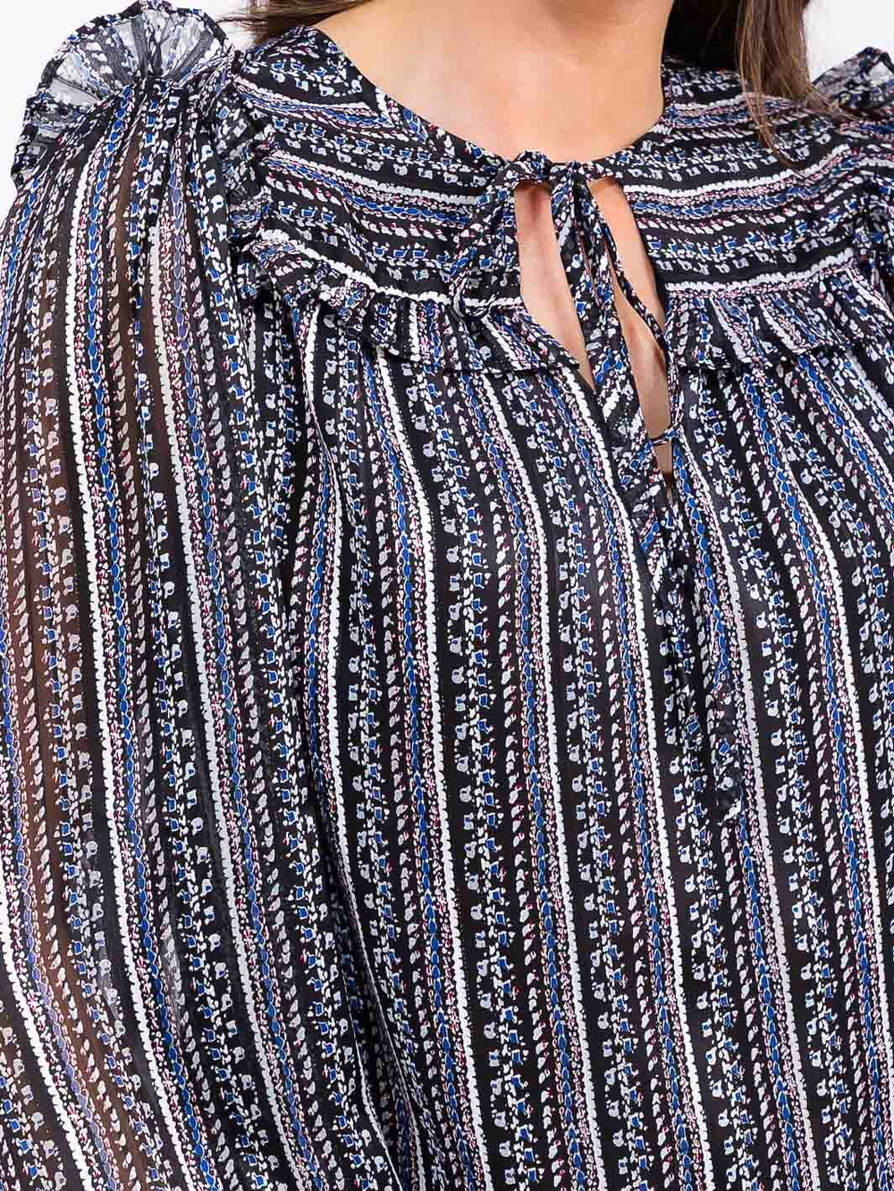 WOMEN'S LONG SLEEVE V-NECK RUFFLE PRINT DETAILED BLOUSE