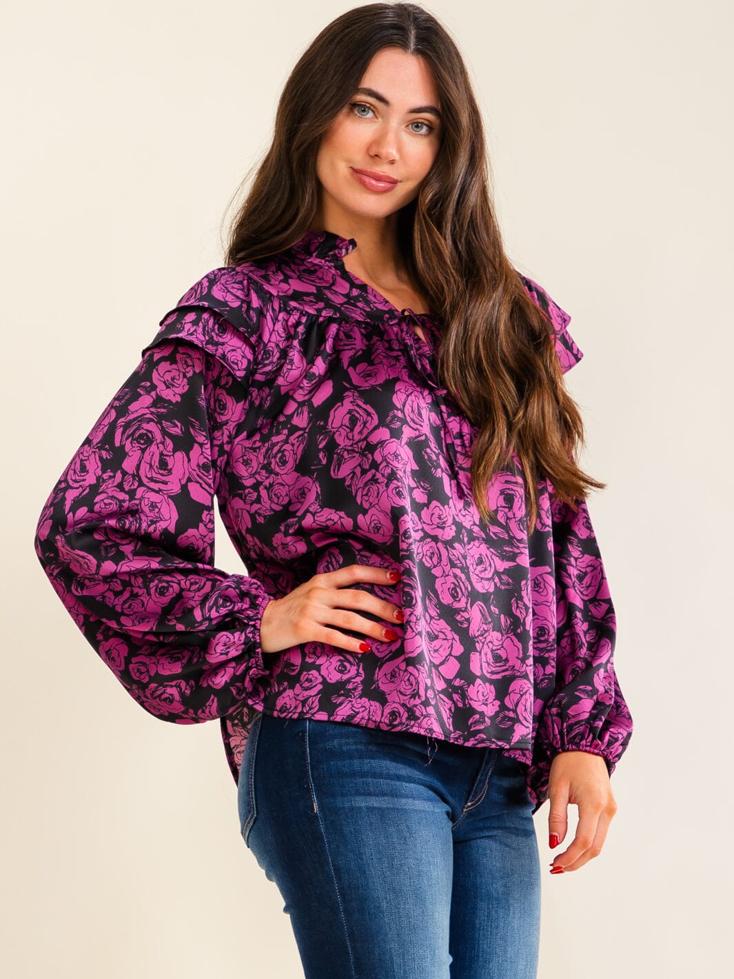 ENTRO WOMEN'S LONG RUFFLE SLEEVE V-NECK FLORAL PRINT BLOUSE