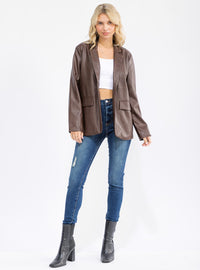 WOMEN'S LONG SLEEVE BUTTON CLOSURE PU PLEATHER BLAZER