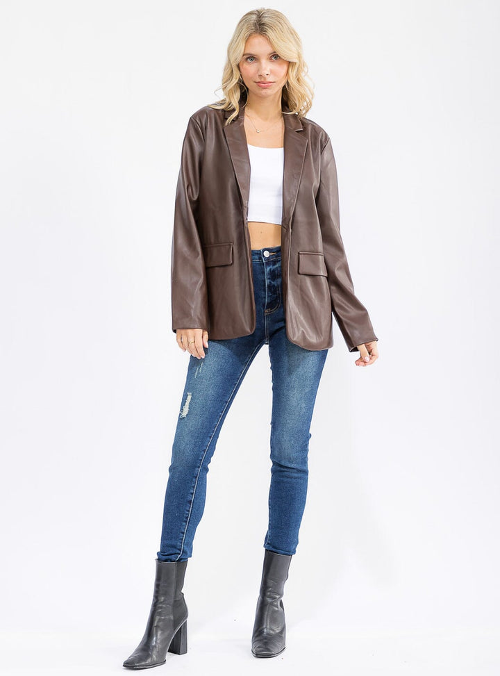 WOMEN'S LONG SLEEVE BUTTON CLOSURE PU PLEATHER BLAZER