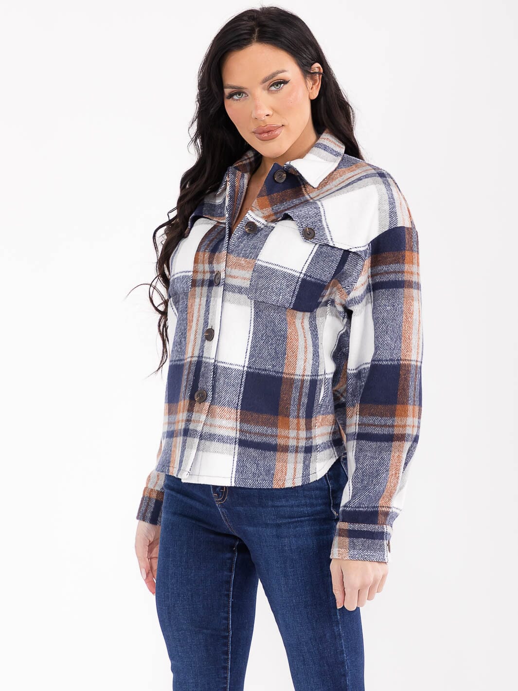 WOMEN'S LONG SLEEVE BUTTON UP FRONT POCKETS PLAID JACKET