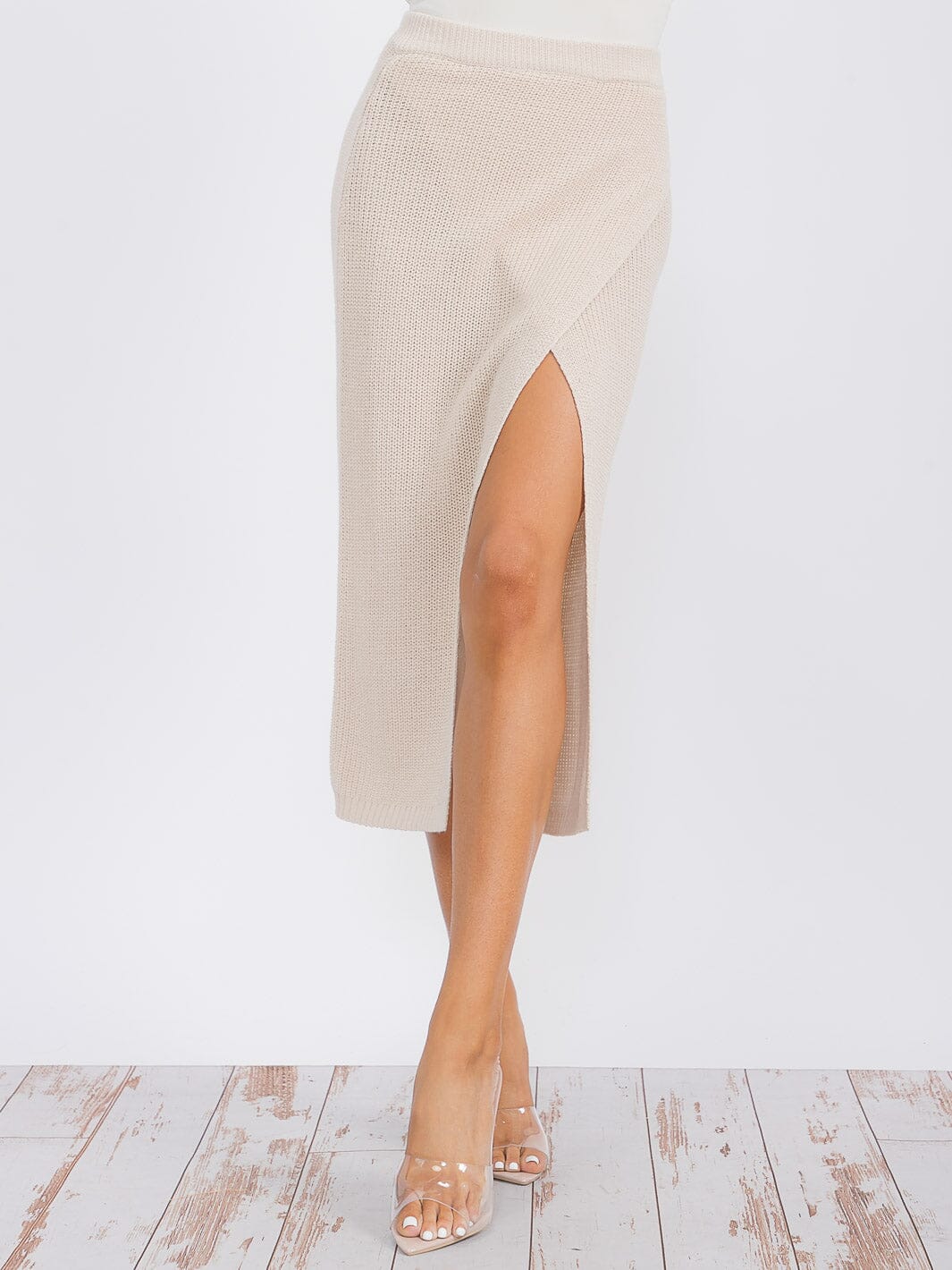WOMEN'S ELASTIC WAIST SURPLICE KNIT MIDI SKIRT
