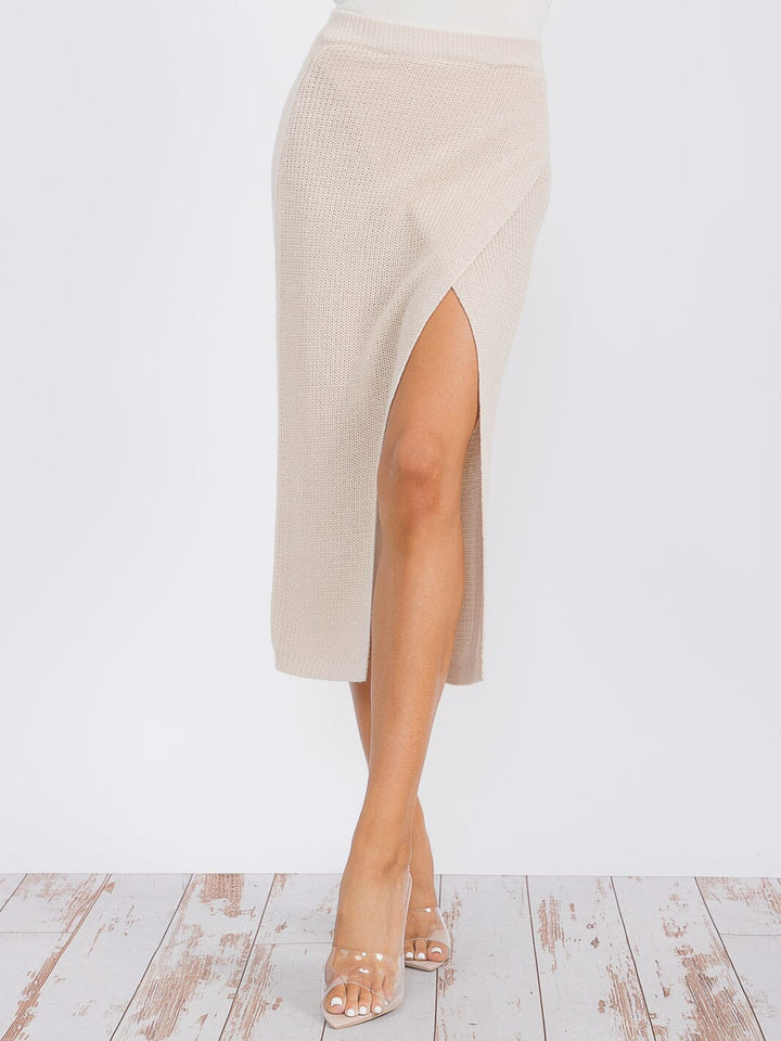 WOMEN'S ELASTIC WAIST SURPLICE KNIT MIDI SKIRT