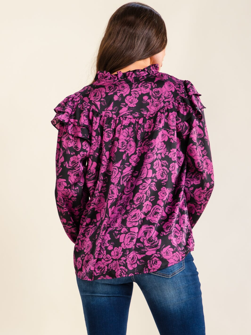 ENTRO WOMEN'S LONG RUFFLE SLEEVE V-NECK FLORAL PRINT BLOUSE