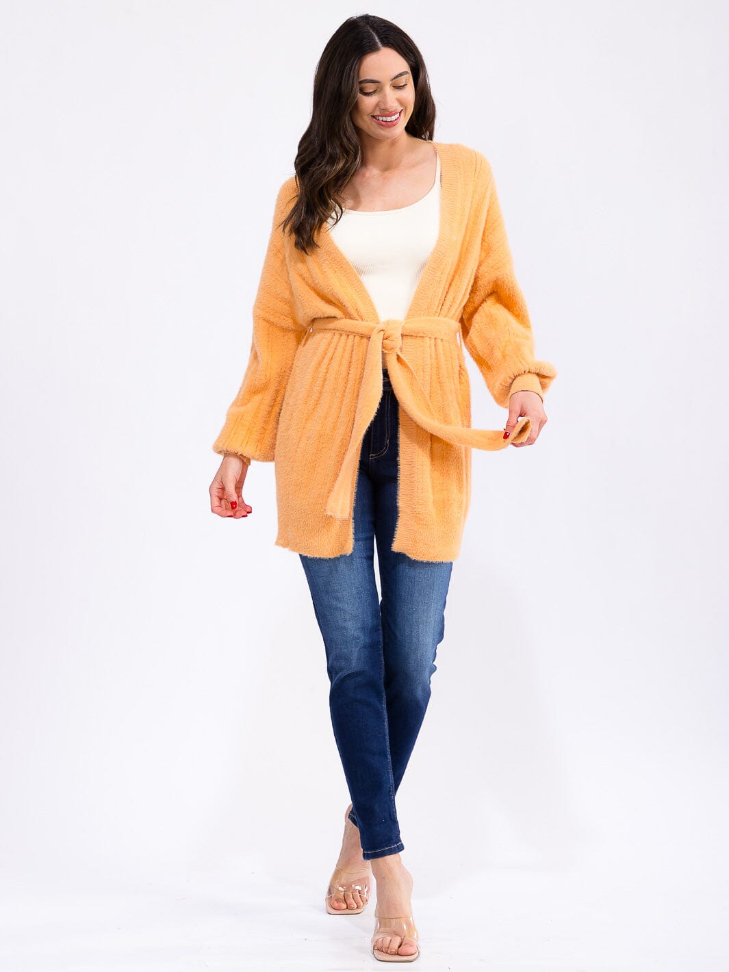 WOMEN'S LONG SLEEVE OPEN FRONT SELF TIE CARDIGAN