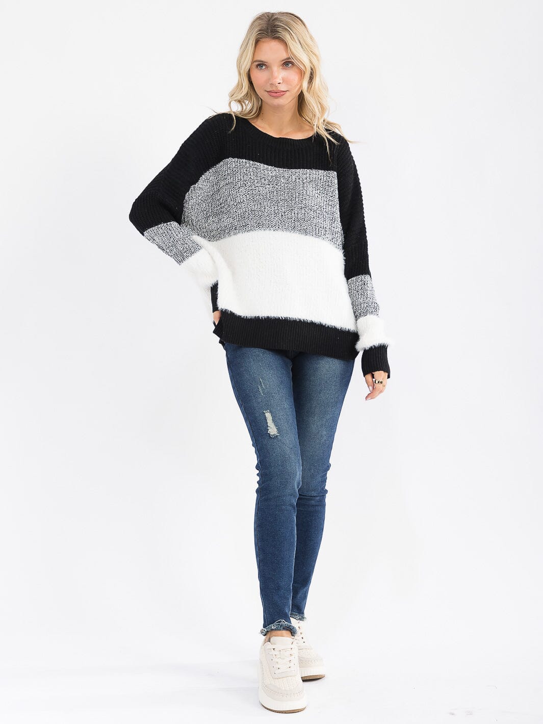 WOMEN'S LONG DETAILED SLEEVE COLORBLOCK KNIT PULLOVER SWEATER