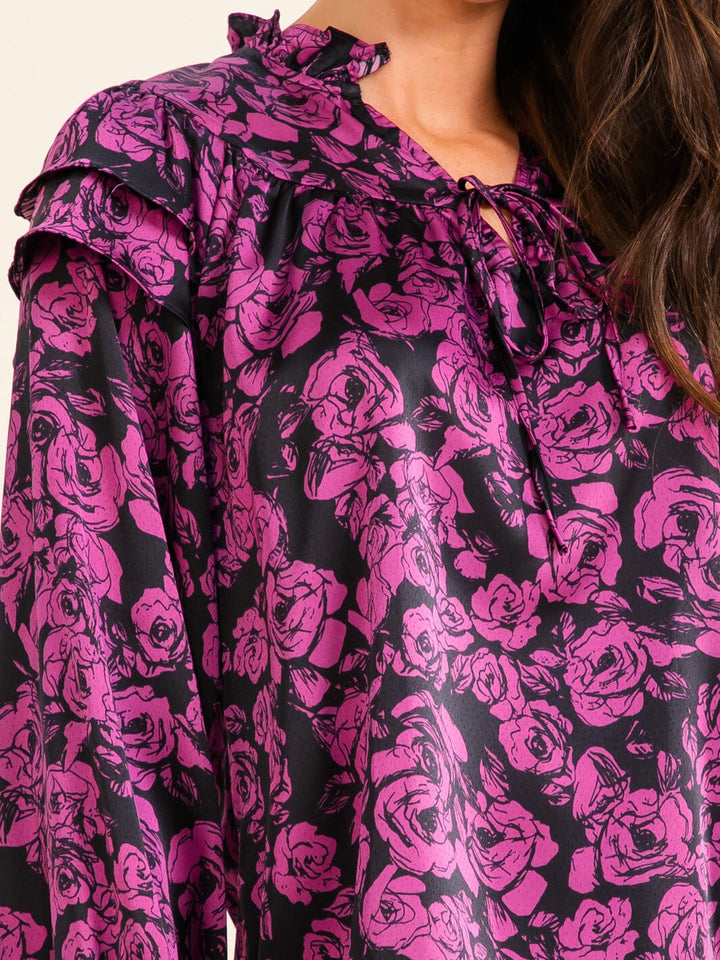 ENTRO WOMEN'S LONG RUFFLE SLEEVE V-NECK FLORAL PRINT BLOUSE