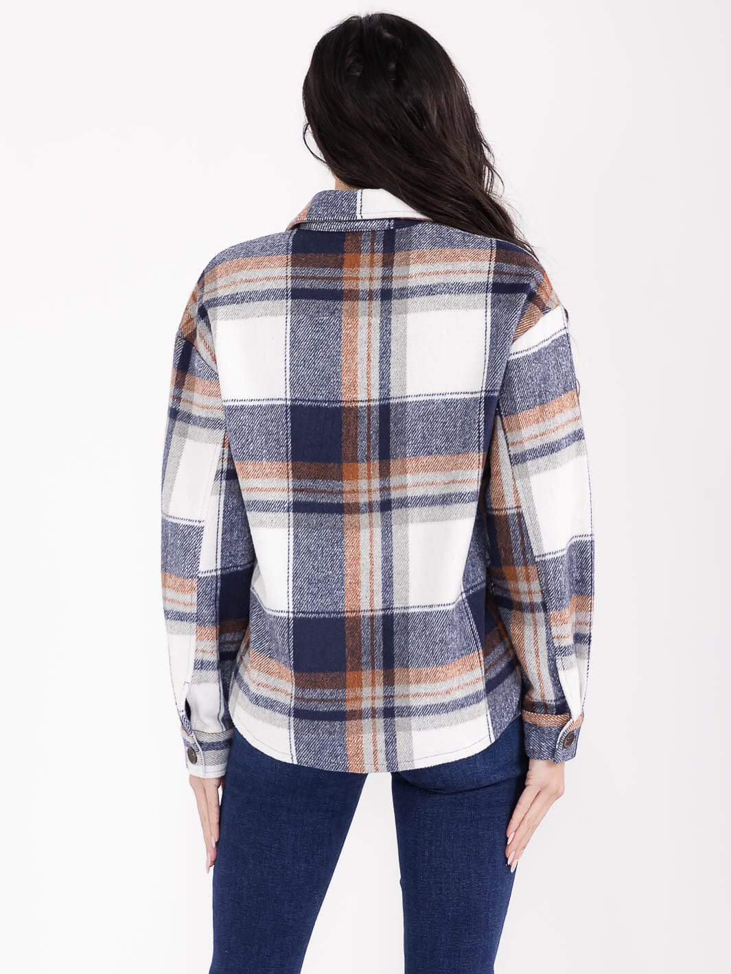 WOMEN'S LONG SLEEVE BUTTON UP FRONT POCKETS PLAID JACKET