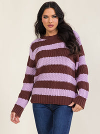 WOMEN'S LONG SLEEVE COLORBLOCK STRIPES KNIT PULLOVER SWEATER