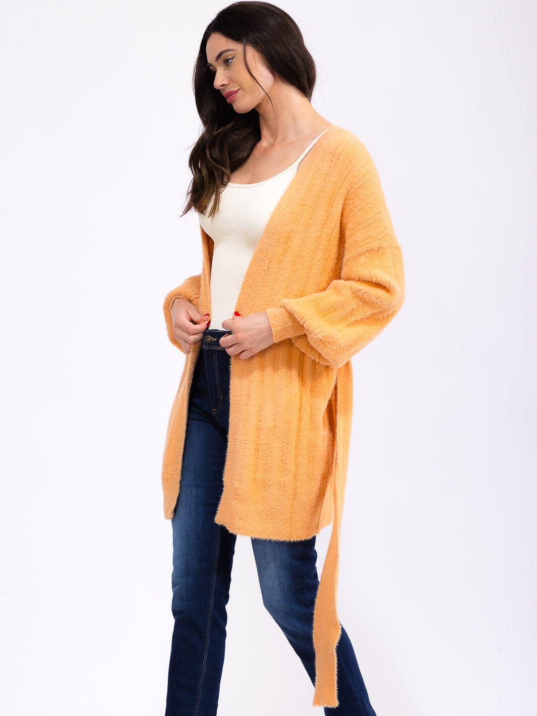 WOMEN'S LONG SLEEVE OPEN FRONT SELF TIE CARDIGAN