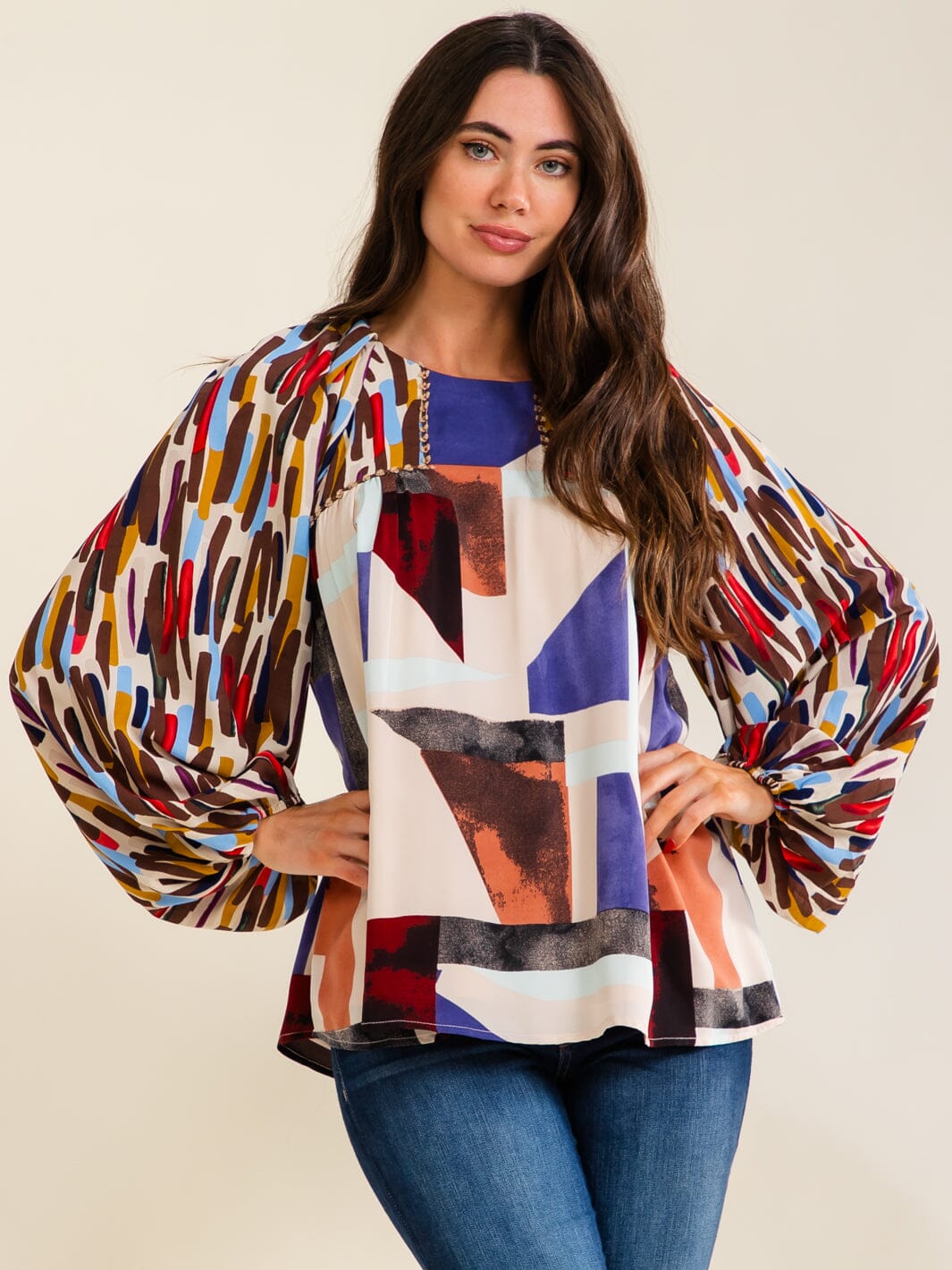 ENTRO WOMEN'S LONG BALLOON SLEEVE MULTI PRINT BLOUSE