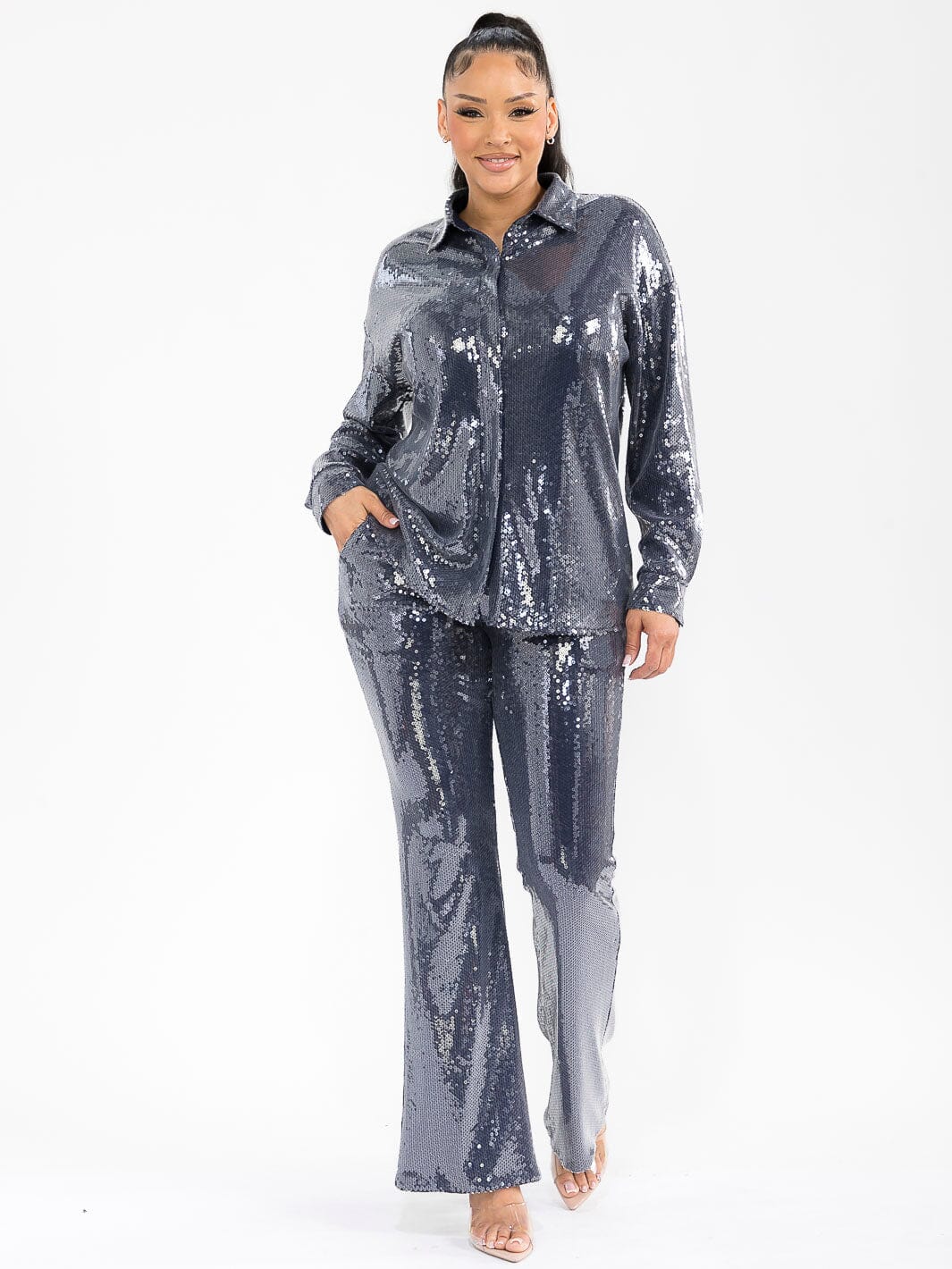 WOMEN'S LONG SLEEVE BLOUSE & WIDE LEG PANTS SEQUINS 2PC. SET