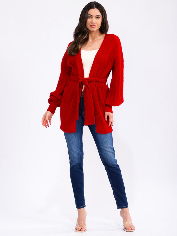 WOMEN'S LONG SLEEVE OPEN FRONT SELF TIE CARDIGAN