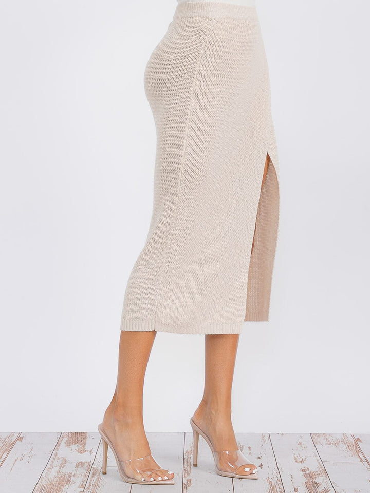 WOMEN'S ELASTIC WAIST SURPLICE KNIT MIDI SKIRT