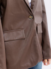 WOMEN'S LONG SLEEVE BUTTON CLOSURE PU PLEATHER BLAZER